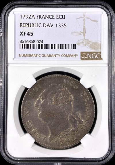 【雨安】【直播拍卖】【第0128期-评级币章】2026-03-14 周六 19:30 (金价1145, 银价22.39) - [评级法国] France 法国 1埃居 KM#0615 DAV-1335 路易十六 天使埃居 1792年  NGC-XF45