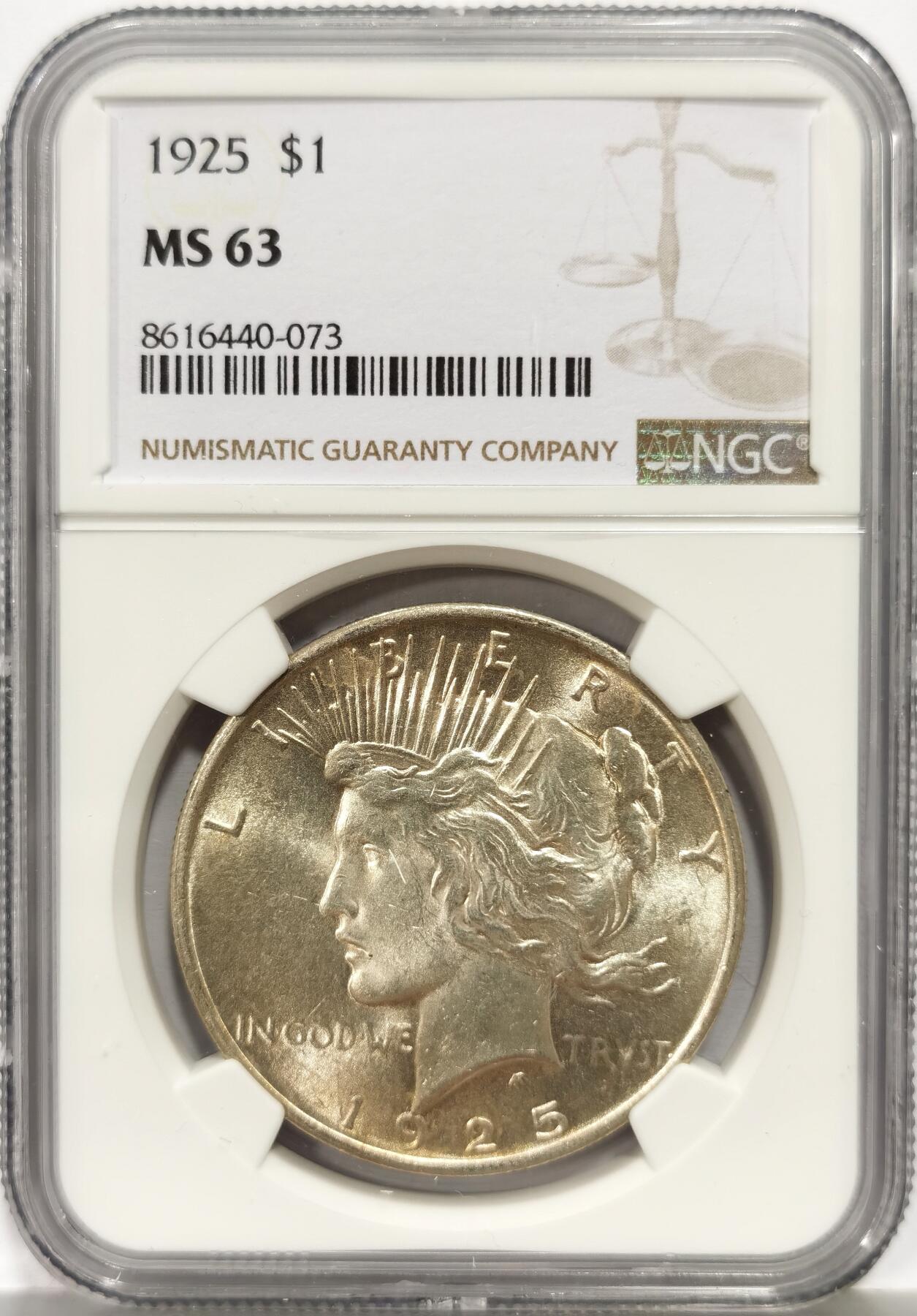 博洋堂世界钱币拍卖第164期（全场包邮） NGC MS63 美国1925年和平银币，少见年份，金色包浆少见。