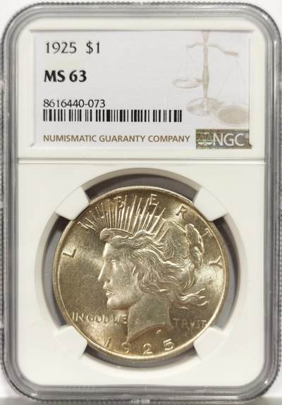 博洋堂世界钱币拍卖第164期（全场包邮） - NGC MS63 美国1925年和平银币，少见年份，金色包浆少见。