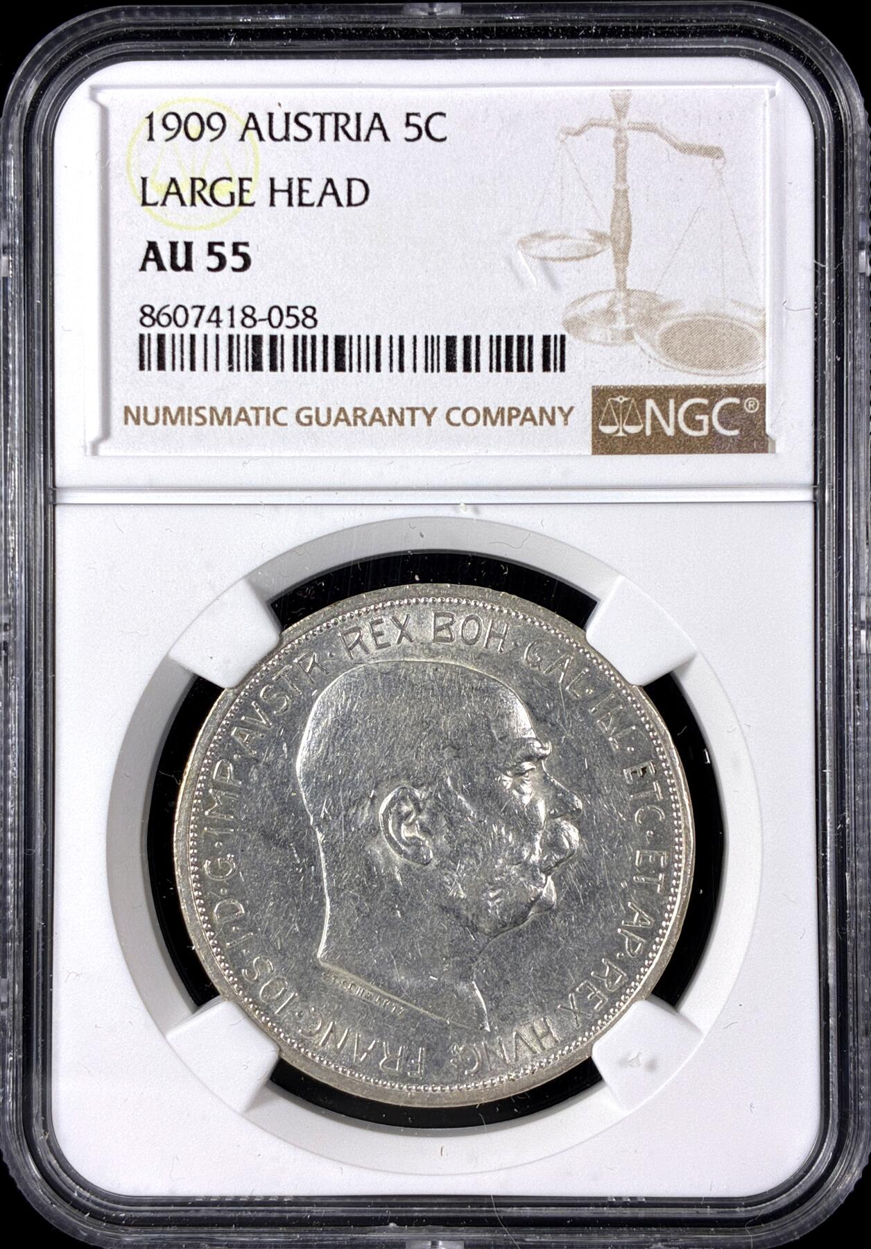 【雨安】【直播拍卖】【第0128期-评级币章】2026-03-14 周六 19:30 (金价1145, 银价22.39) [评级欧洲] Austria 奥地利 5克朗 KM#2813 1909年 大头像  NGC-AU55