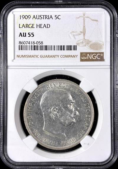 【雨安】【直播拍卖】【第0128期-评级币章】2026-03-14 周六 19:30 (金价1145, 银价22.39) - [评级欧洲] Austria 奥地利 5克朗 KM#2813 1909年 大头像  NGC-AU55
