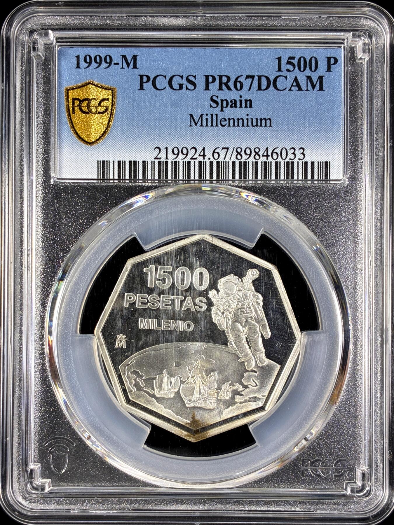 【雨安】【直播拍卖】【第0128期-评级币章】2026-03-14 周六 19:30 (金价1145, 银价22.39) [评级现代] Spain 西班牙 1500比塞塔 1999年 千禧年 [20.00克,  0.925银] PCGS-PR67DCAM 精制币