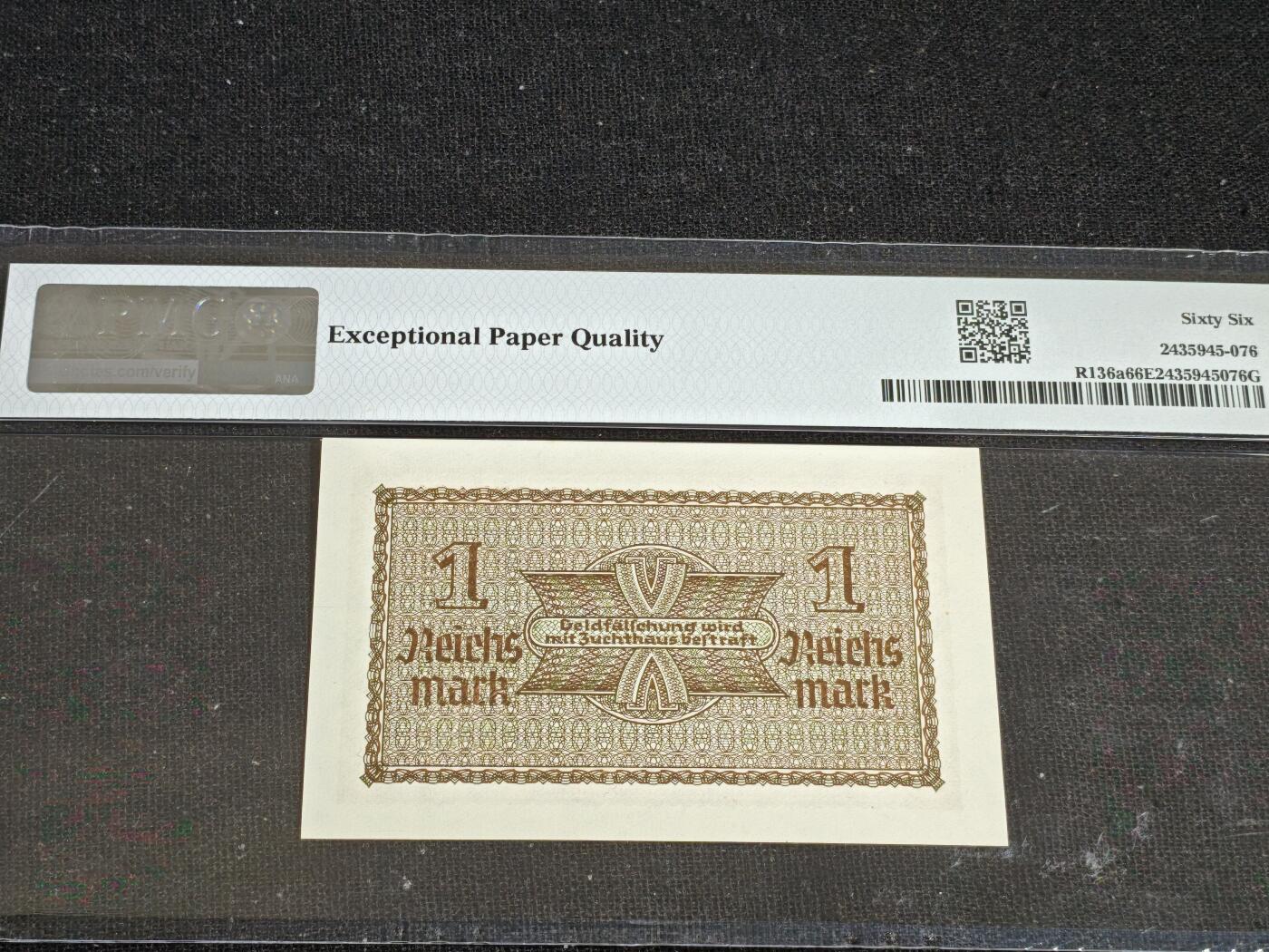 刘世昌艺术品销售中心～虎踞龙蟠*金杨在线联拍群第519期 德国1940-45年1马克（PMG    66E    号码：40-037189）1枚。