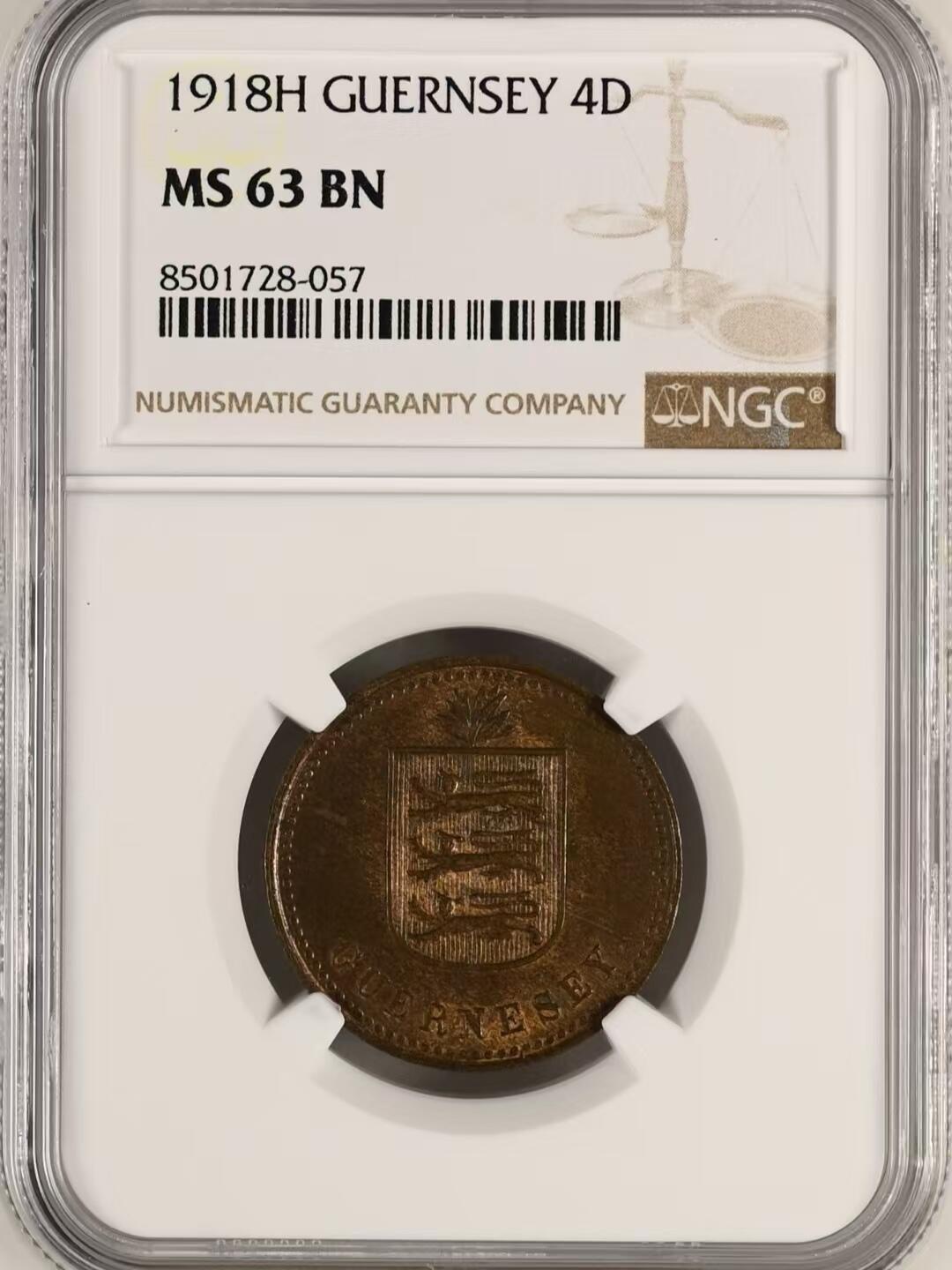 长老汇马年精选第八场拍卖 根西岛1918年4道布尔铜币  百年老币 包浆醇厚 发行量较少  NGC MS63BN，唯一亚军分，更高分仅一枚64分，63分NGC指导价35刀，高分少见，收藏佳品