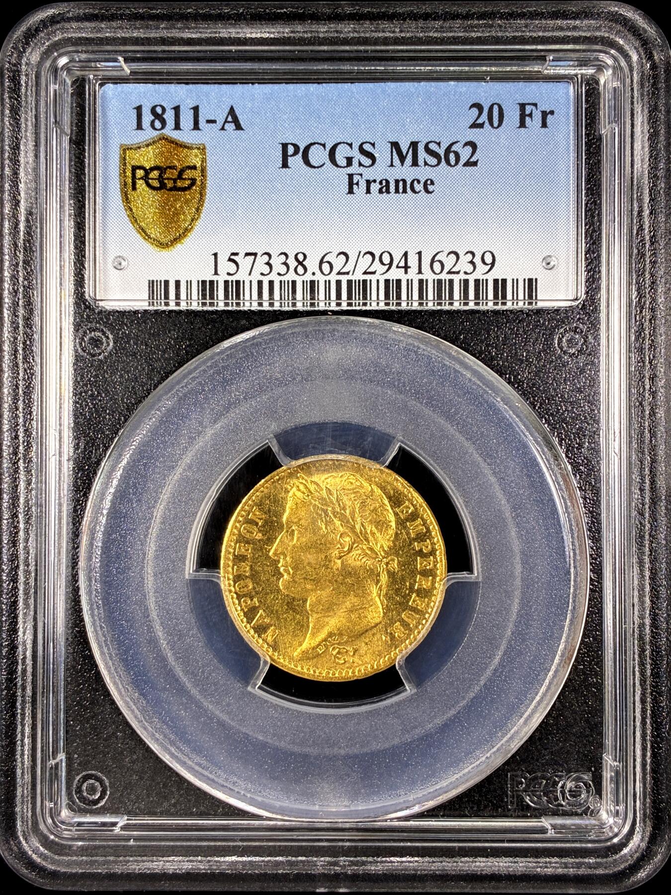 【雨安】【直播拍卖】【第0128期-评级币章】2026-03-14 周六 19:30 (金价1145, 银价22.39) [评级金铂] France [金币] 法国 20法郎 KM#0695 (1809-1814) 拿破仑一世 1811年  PCGS-MS62 曝光底板 严评
