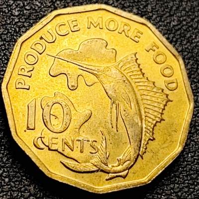 泉币菌-第208场-拍品多 请提前出价 - 原铜光极美 剑鱼 1977年塞舌尔10分多边形镍黄铜币 21.0毫米6.1克