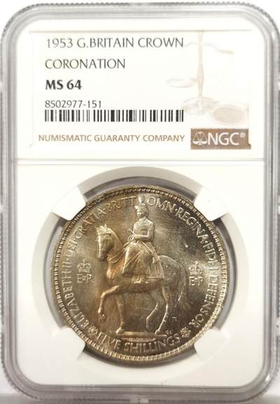 博洋堂世界钱币拍卖第164期（全场包邮） - NGC MS64 英国1953年伊丽莎白二世登基纪念克朗，带彩少见