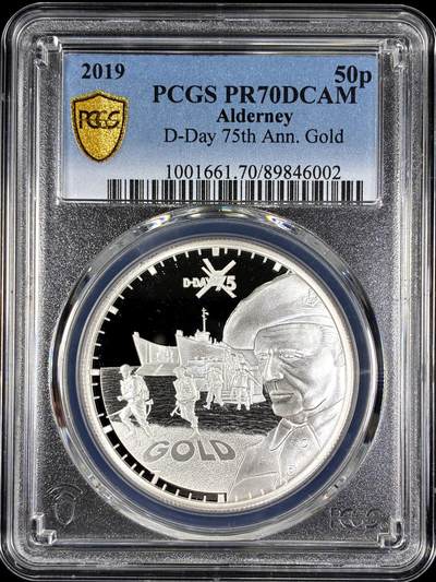 【雨安】【直播拍卖】【第0128期-评级币章】2026-03-14 周六 19:30 (金价1145, 银价22.39) - [评级现代] Alderney 奥尔德尼 50便士 2019年 D-Day PCGS-PR70DCAM 精制币