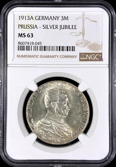【雨安】【直播拍卖】【第0128期-评级币章】2026-03-14 周六 19:30 (金价1145, 银价22.39) - [评级德国] Germany 德国 帝国 J.112 普鲁士 3马克 (1913) 军装花枝 1913年  NGC-MS63