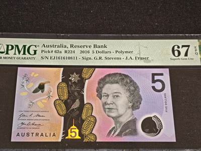 刘世昌艺术品销售中心～虎踞龙蟠*金杨在线联拍群第519期 - 澳大利亚2016年5元【倒置号】（PMG 67E 号码：EJ161610811）1枚。