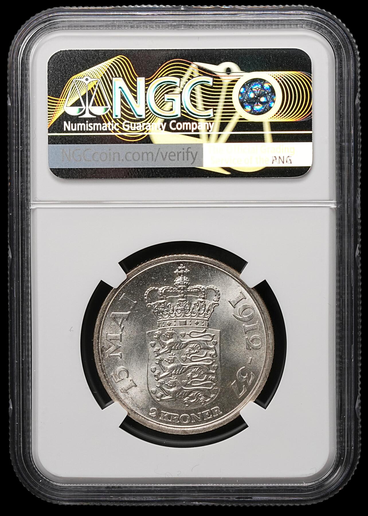 修遠堂世界钱币第107期 NGC MS65 1937年丹麦国王登基25周年纪念2克朗银币