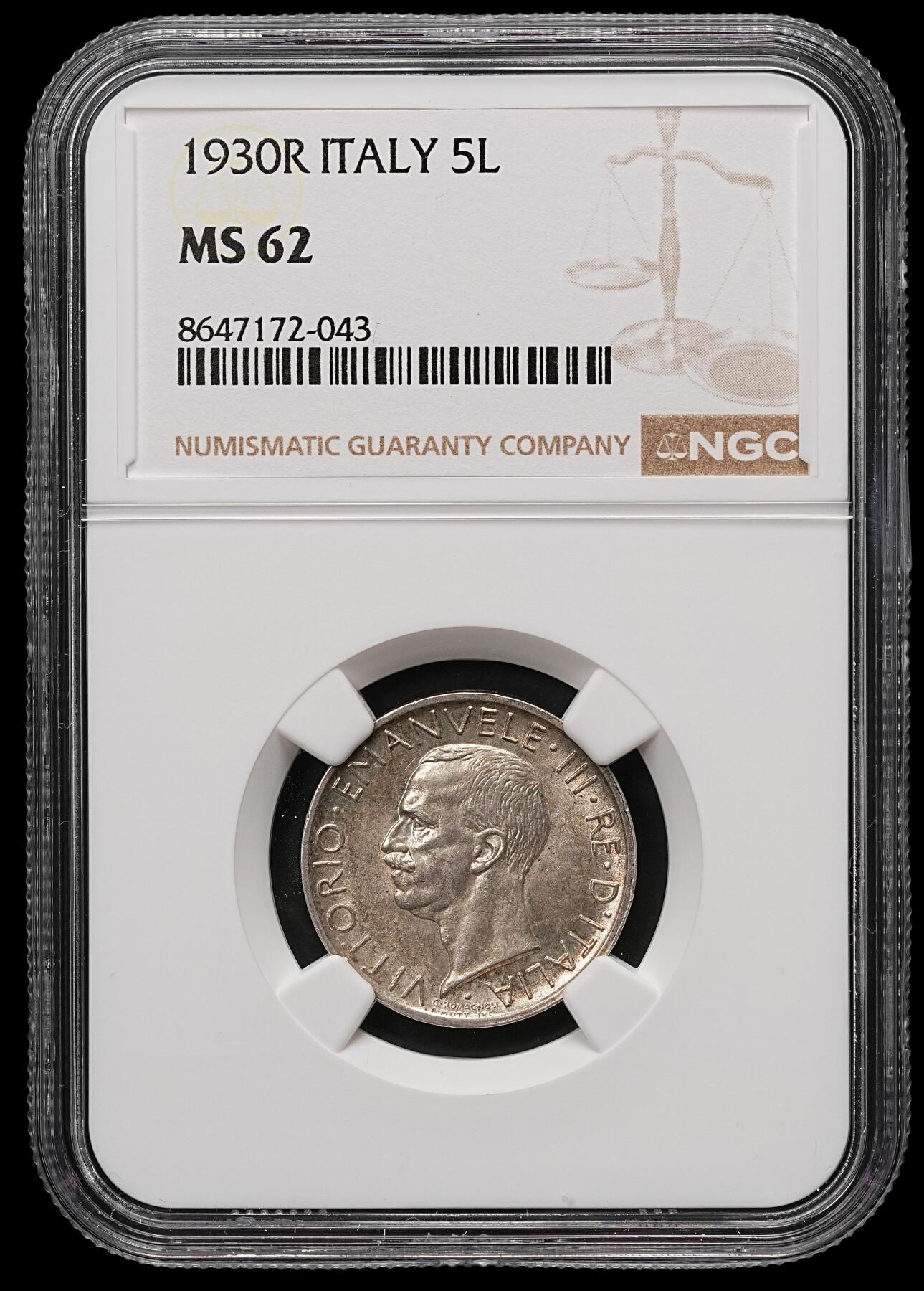 修遠堂世界钱币第107期 NGC MS62 1930年意大利5里拉银币