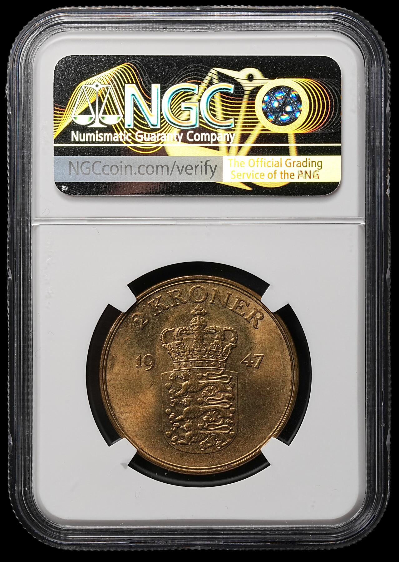 修遠堂世界钱币第107期 NGC MS64 1947年丹麦2克朗