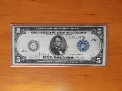 【礼羽收藏】🌏世界钱币拍卖128期 - 1914年5美元，早期美联储券，大尺寸版，品相如图