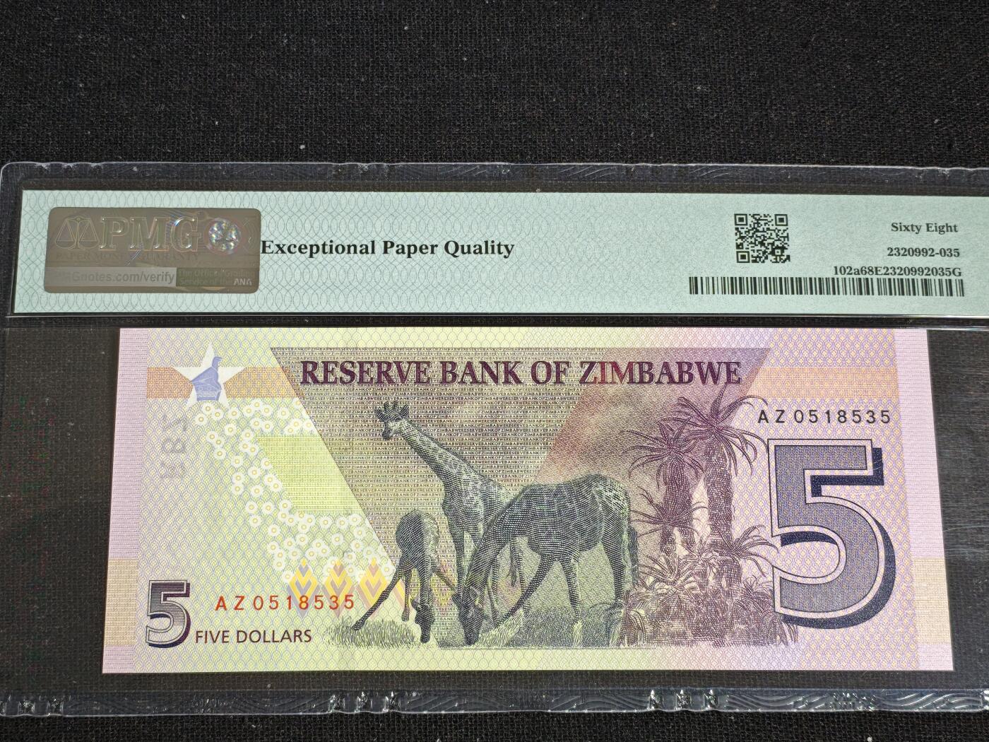 刘世昌艺术品销售中心～虎踞龙蟠*金杨在线联拍群第519期 津巴布韦2019年5元（PMG  68E   号码：AZ0518535）1枚。