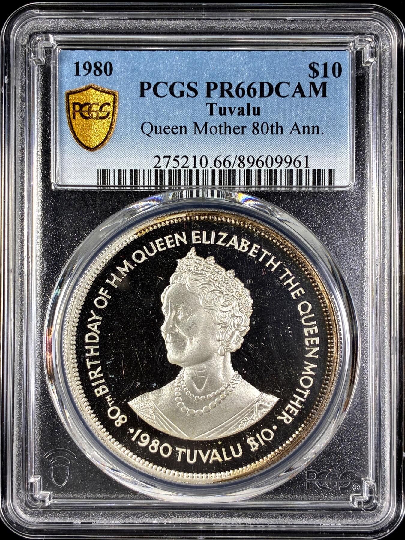 【雨安】【直播拍卖】【第0128期-评级币章】2026-03-14 周六 19:30 (金价1145, 银价22.39) [评级现代] Tuvalu 图瓦卢 10元 1980年 王太后 PCGS-PR66DCAM 精制币