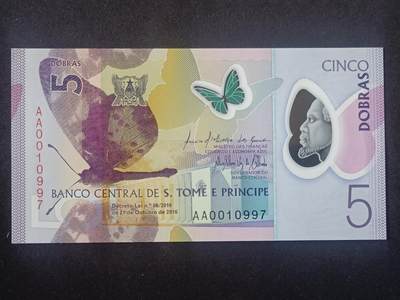 【游宝拍卖】丙午马年第11期 - 圣多美和普林西比-5多布拉【2016年 万位号 AA0010997 全新UNC】