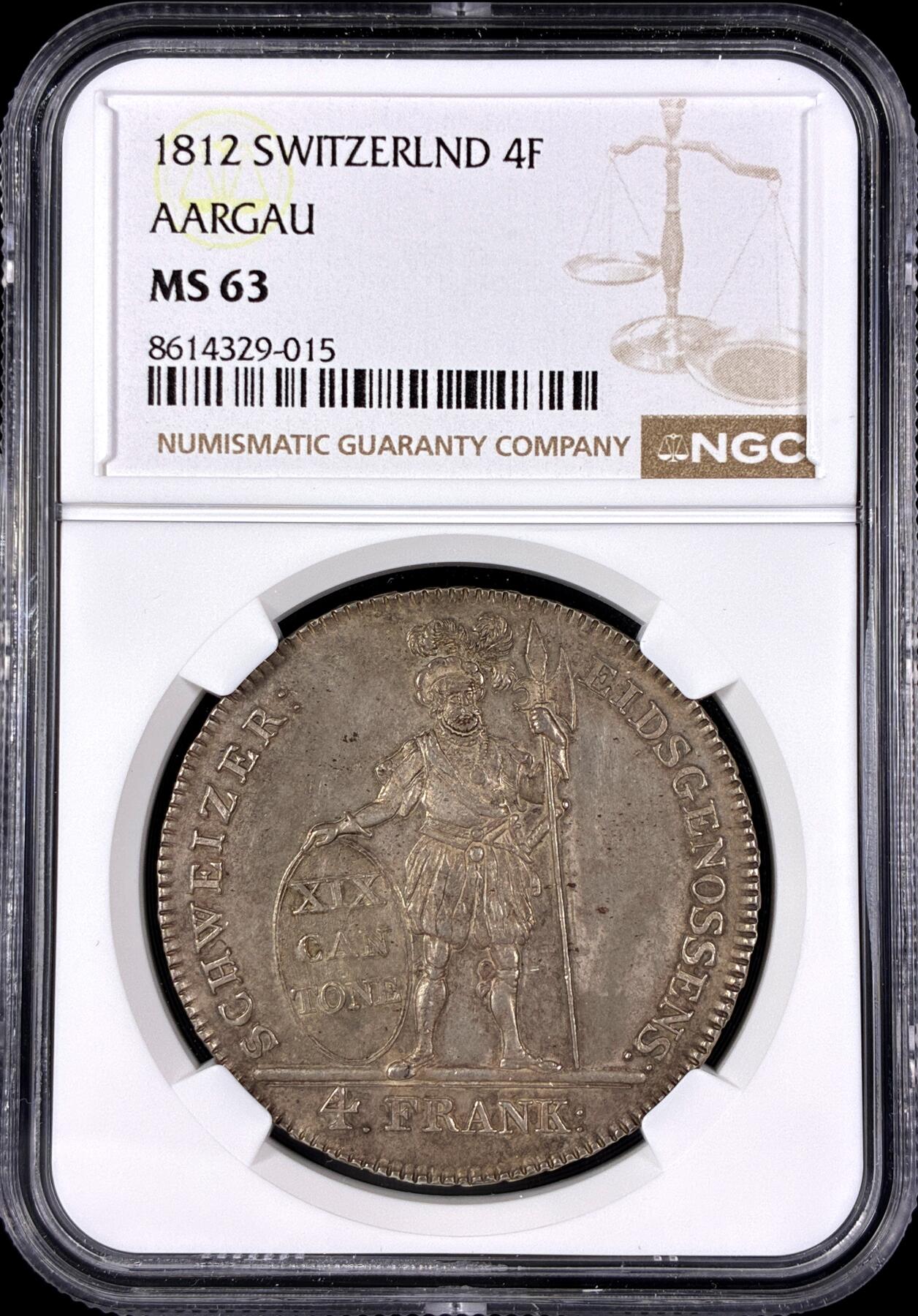 【雨安】【直播拍卖】【第0128期-评级币章】2026-03-14 周六 19:30 (金价1145, 银价22.39) [评级欧洲] Switzerland 瑞士 Aargau阿尔高 4法郎 KM#0020 1812年 1812年  NGC-MS63 少见高分品种
