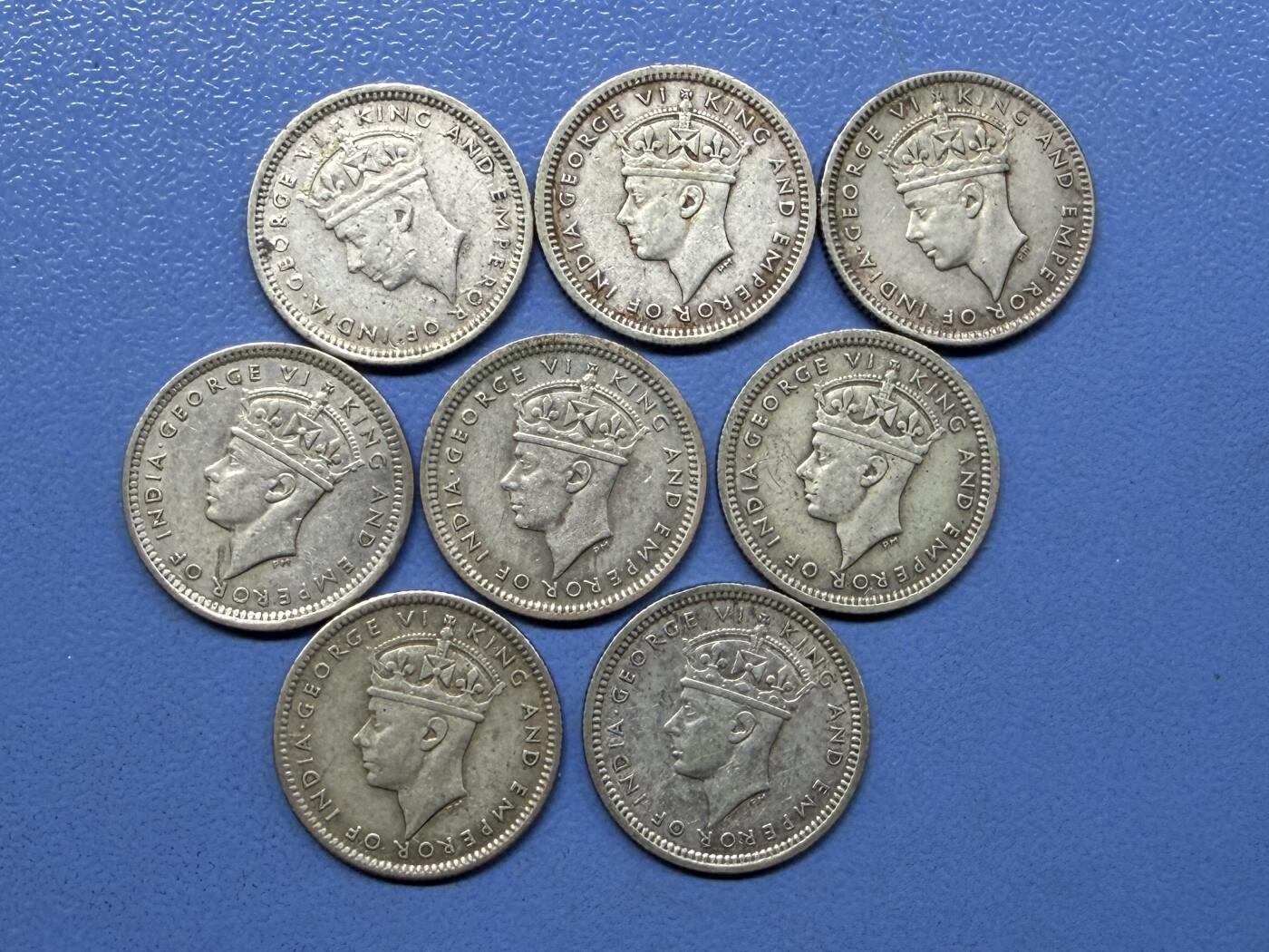 外国银币拍卖 8枚1939-45海峡国英属马来亚乔治六世银币5分小银币 实物图#1