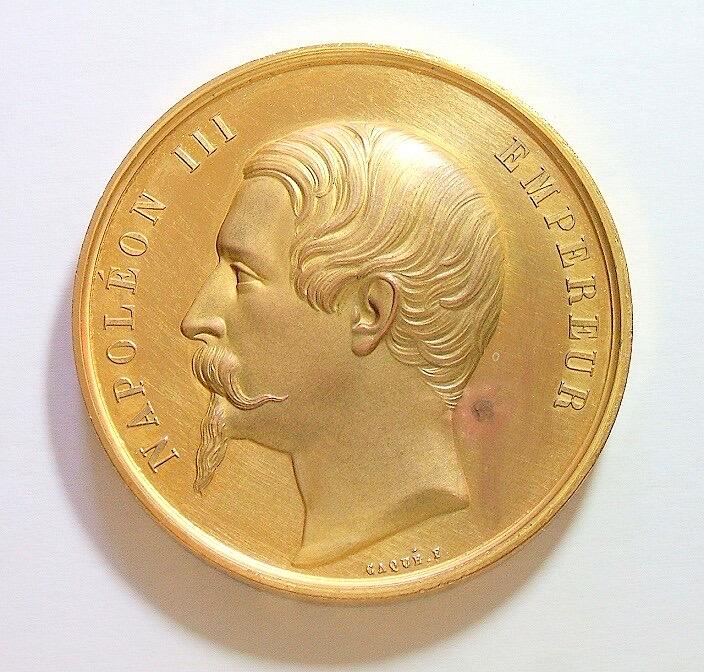 【原盒】法国1859年 拿破仑三世精制高浮雕大镀金章 带原盒 光边 50MM