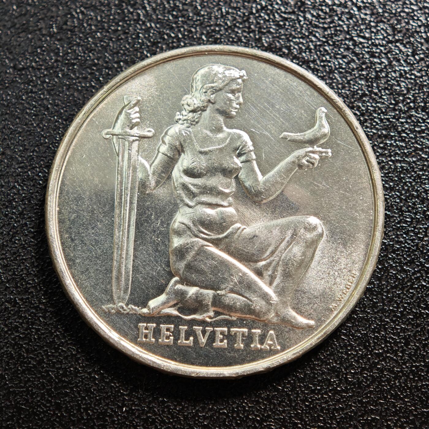 【德藏】世界币章拍卖第167期（拍品征集中~欢迎藏友联系） 1936年 瑞士海尔维蒂亚女神5法郎纪念银币 835银 直径约：29.9mm；重约：15g