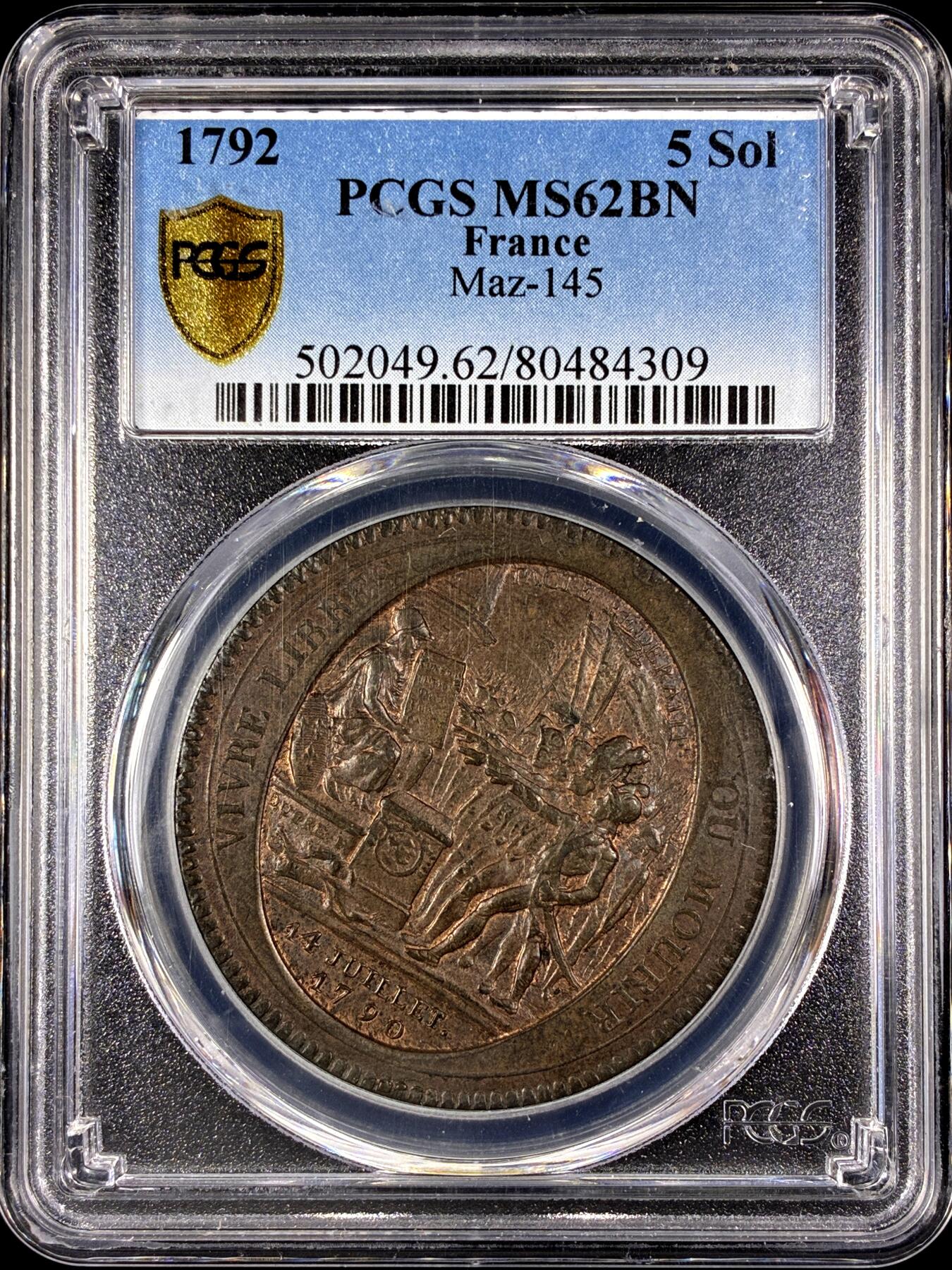 【雨安】【直播拍卖】【第0128期-评级币章】2026-03-14 周六 19:30 (金价1145, 银价22.39) [评级法国] France 法国 Token 5索尔 KM# Tn31 1792年 大革命莫奈龙  PCGS-MS62