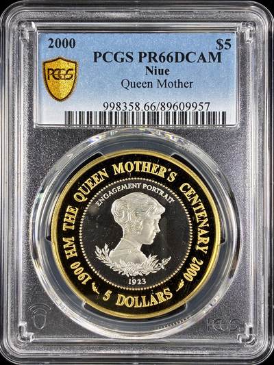 【雨安】【直播拍卖】【第0128期-评级币章】2026-03-14 周六 19:30 (金价1145, 银价22.39) - [评级现代] Niue 纽埃 5元 2000年 王太后 PCGS-PR66DCAM 精制币