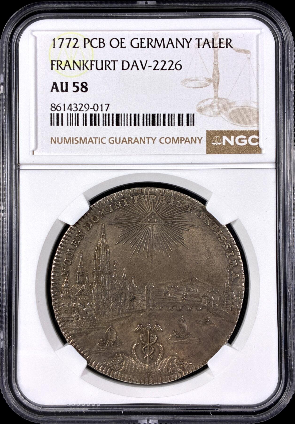 【雨安】【直播拍卖】【第0128期-评级币章】2026-03-14 周六 19:30 (金价1145, 银价22.39) [评级德国] Germany 德国 德意志 1泰勒 Frankfurt法兰克福 KM#0251 (1772) 景观泰勒  NGC-AU58 极美细节, 深打, 完全不输MS品质, 原味欧洲淡美包浆 热门景观系列