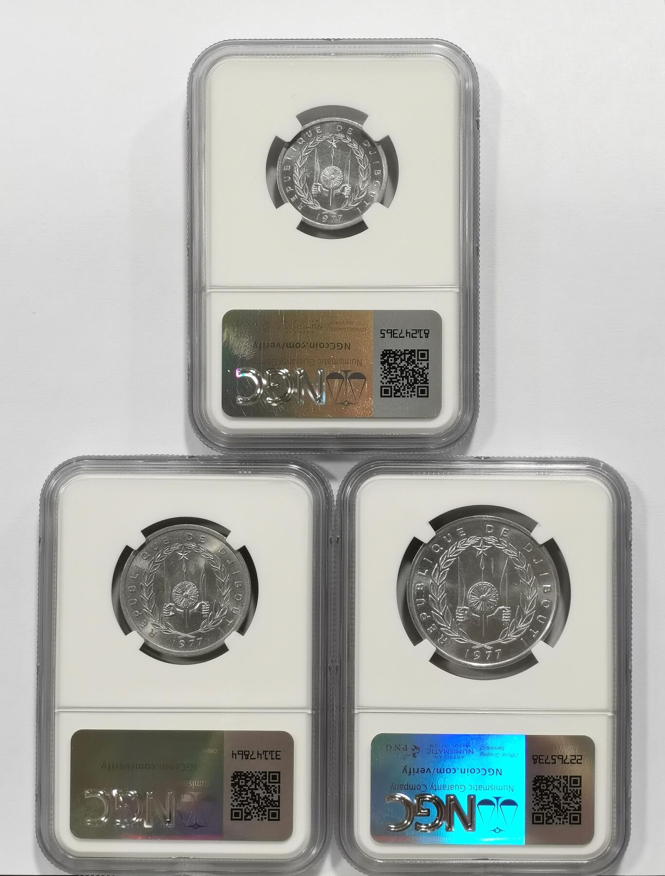 博洋堂世界钱币拍卖第164期（全场包邮） NGC MS67/68 法属吉布提1977年法郎一套3枚样币！Essai款。