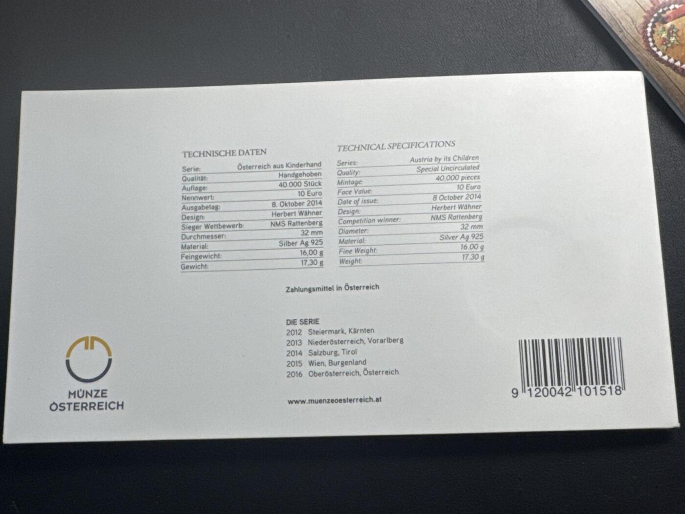 ❤️【币观天下】❤️ 第344期钱币秒杀拍卖场- 2026.3.6周五晚上6点半场 长期征集拍品  奥地利联邦省系列银币 原厂封装卡册(面值10欧，重量17.3克)2014年萨尔兹堡