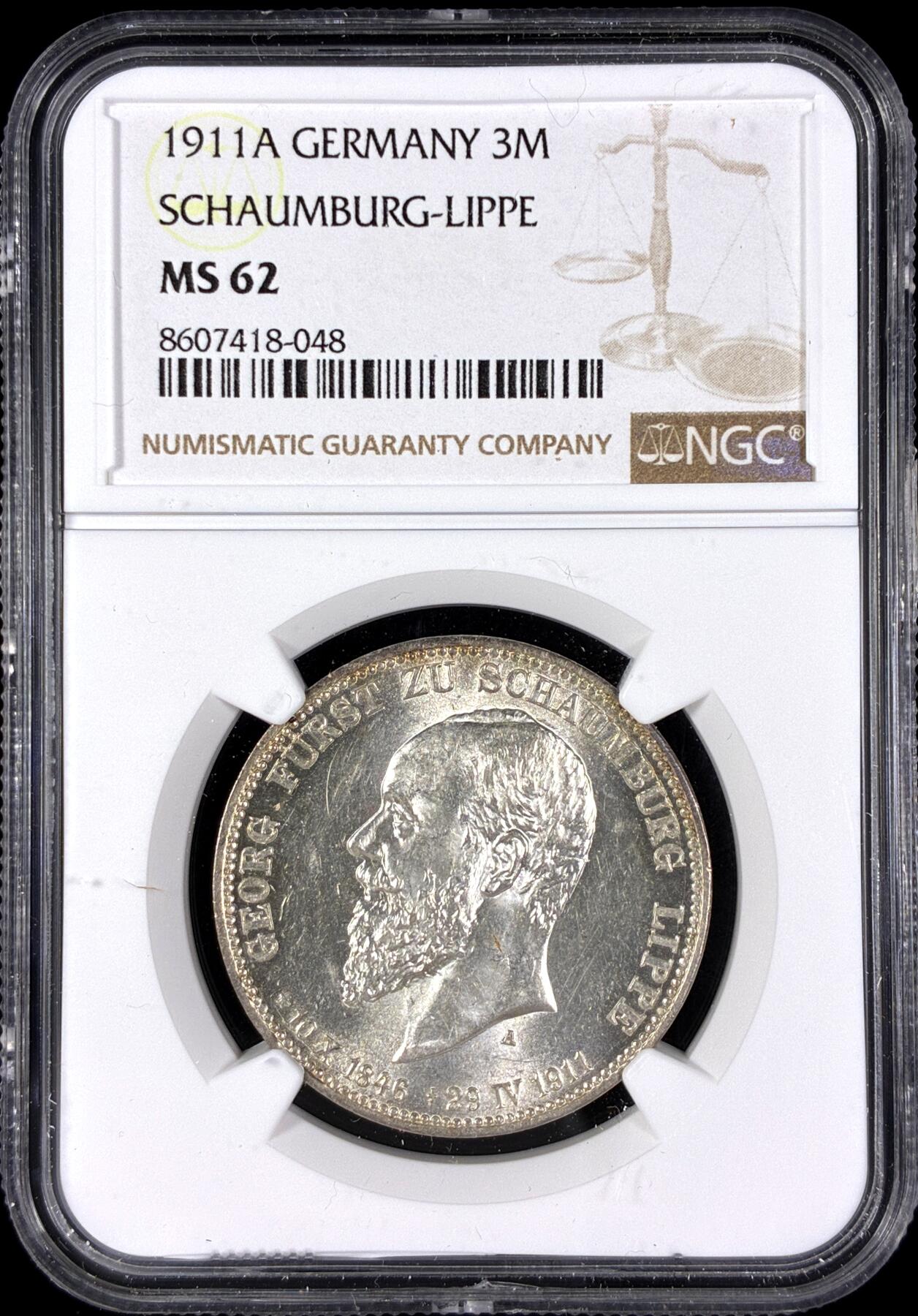 【雨安】【直播拍卖】【第0128期-评级币章】2026-03-14 周六 19:30 (金价1145, 银价22.39) [评级德国] Germany 德国 帝国 J.166 绍姆堡-利珀 3马克 (1911) 格奥尔格 1911年  NGC-MS62