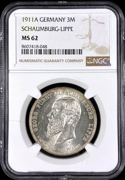 【雨安】【直播拍卖】【第0128期-评级币章】2026-03-14 周六 19:30 (金价1145, 银价22.39) - [评级德国] Germany 德国 帝国 J.166 绍姆堡-利珀 3马克 (1911) 格奥尔格 1911年  NGC-MS62