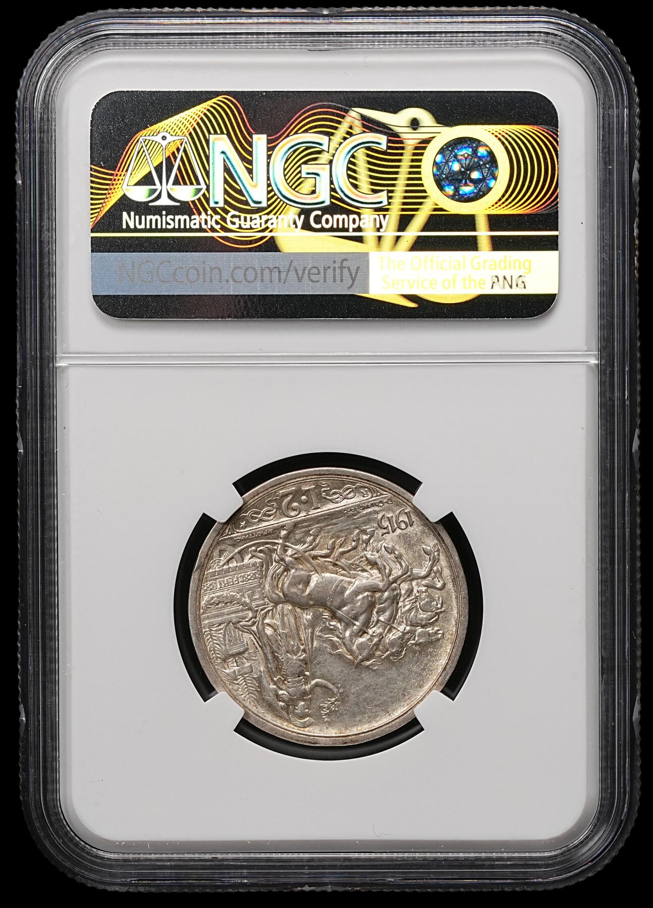 修遠堂世界钱币第107期 NGC AU55 1915年意大利马车2里拉银币