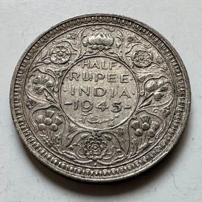 🌹外币初藏🌹🐯2026年第28场   每周二四六晚8️⃣点 接代拍 - 英属印度 1945年 乔治六世 1/2卢比银币 50%银 5.83g 24mm