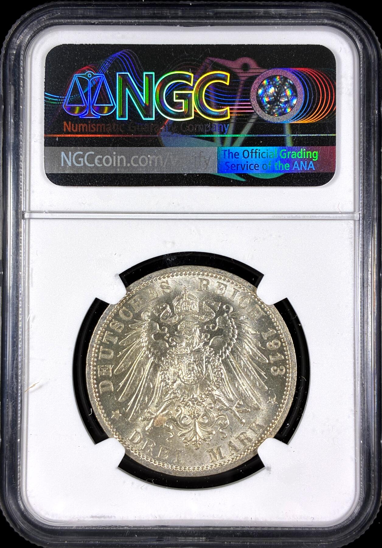 【雨安】【直播拍卖】【第0128期-评级币章】2026-03-14 周六 19:30 (金价1145, 银价22.39) [评级德国] Germany 德国 帝国 J.112 普鲁士 3马克 (1913) 军装花枝 1913年  NGC-MS63