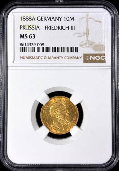 【雨安】【直播拍卖】【第0128期-评级币章】2026-03-14 周六 19:30 (金价1145, 银价22.39) - [评级金铂] Germany [金币] 德国 帝国 J.247 Prussia普鲁士 10马克 三皇 1888年  NGC-MS63
