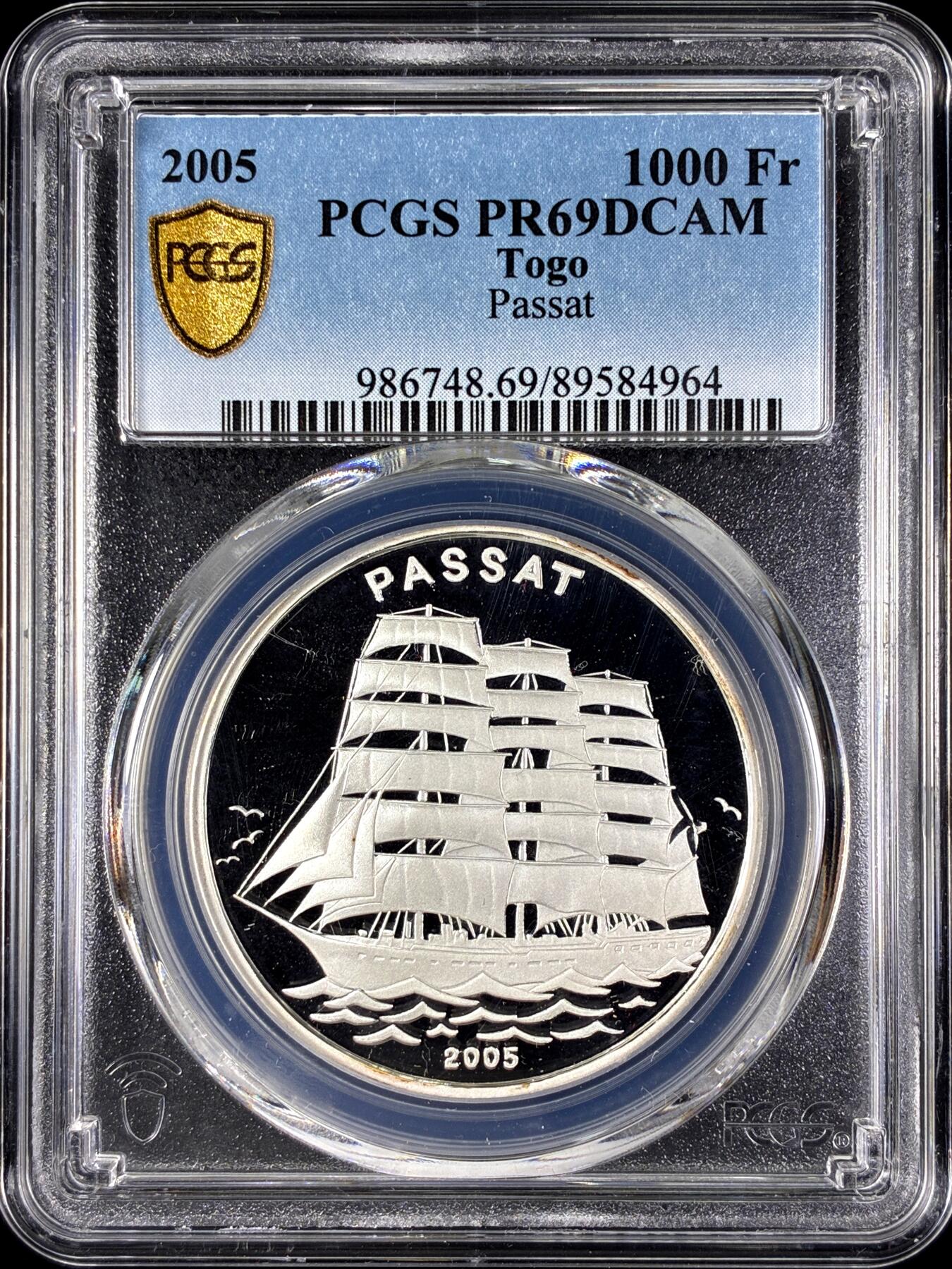 【雨安】【直播拍卖】【第0128期-评级币章】2026-03-14 周六 19:30 (金价1145, 银价22.39) [评级现代] Togo 多哥 1000法郎 2005年 帆船 PCGS-PR69DCAM 精制币