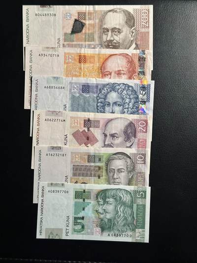 丙午马年三月第二场 精品更新 - 克罗地亚一套6张，unc-流通品相不一。热门品种！加入欧盟后的绝唱！荧光非常漂亮！