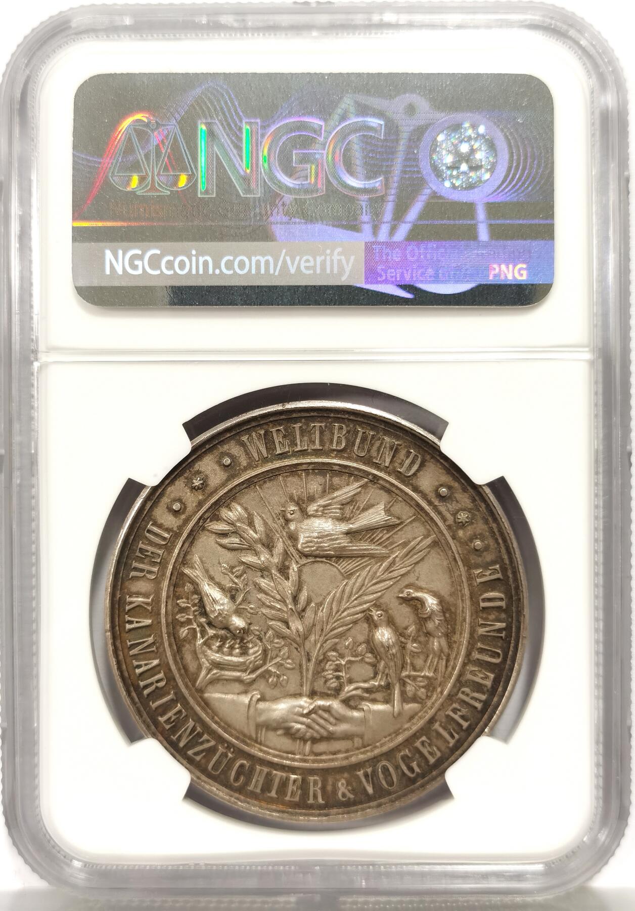 博洋堂世界钱币拍卖第164期（全场包邮） NGC MS63 德国1900左右金丝雀协会纪念大银章，40mm直径，女神和风景融为一体，完美包浆！