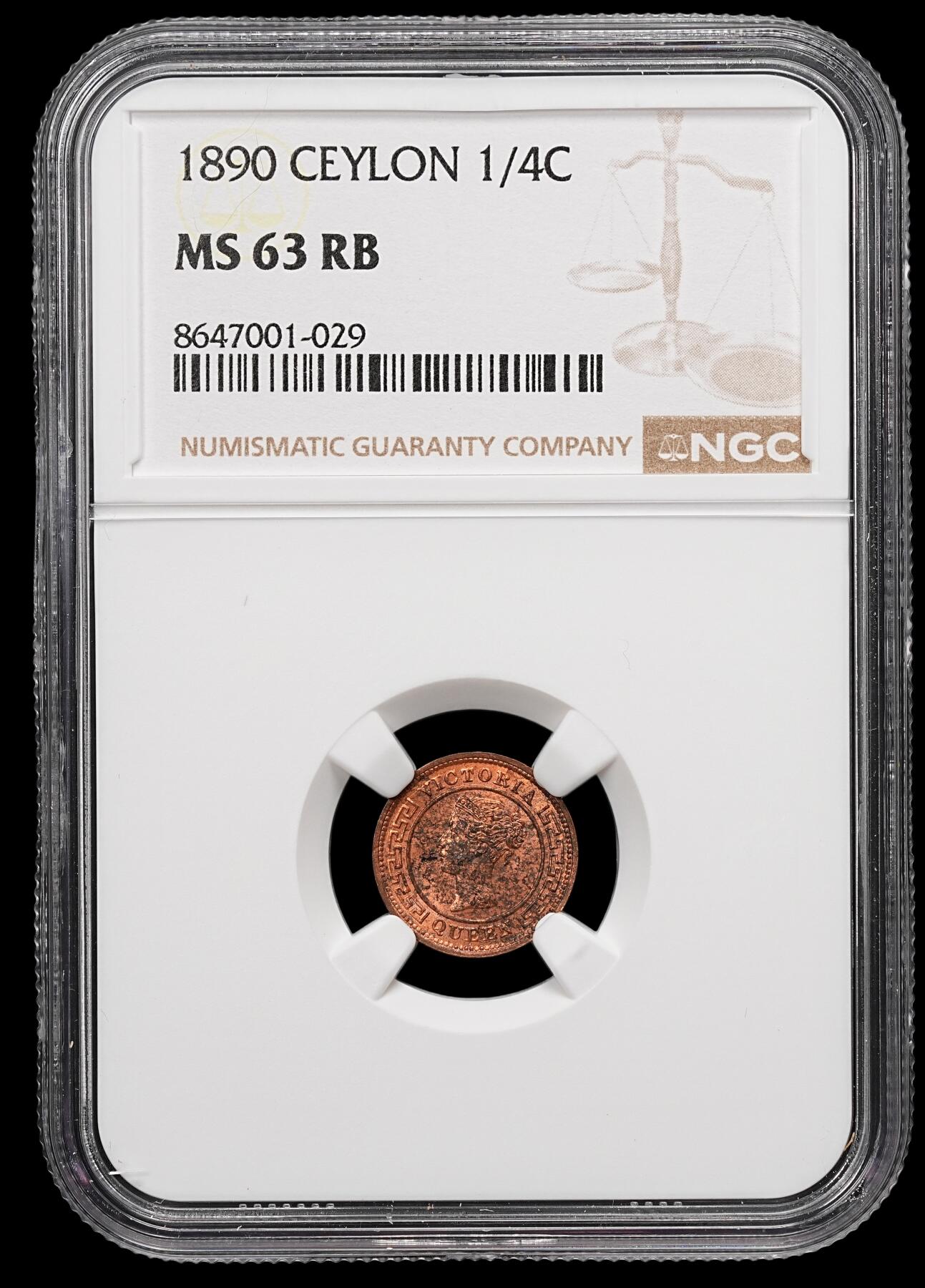 修遠堂世界钱币第107期 NGC MS63RB 1890年英属锡兰1/4分铜币