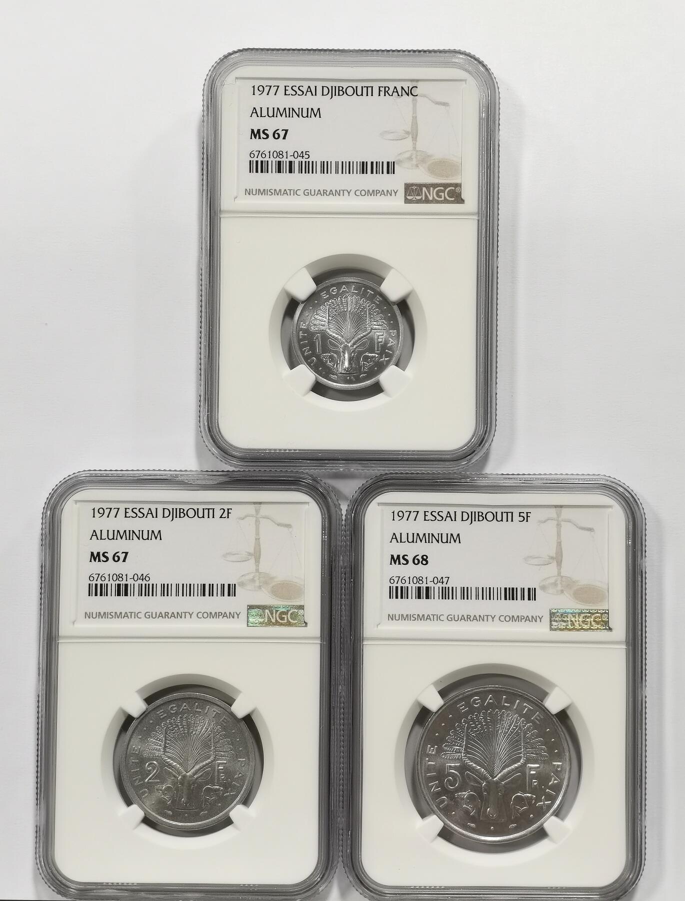 博洋堂世界钱币拍卖第164期（全场包邮） NGC MS67/68 法属吉布提1977年法郎一套3枚样币！Essai款。