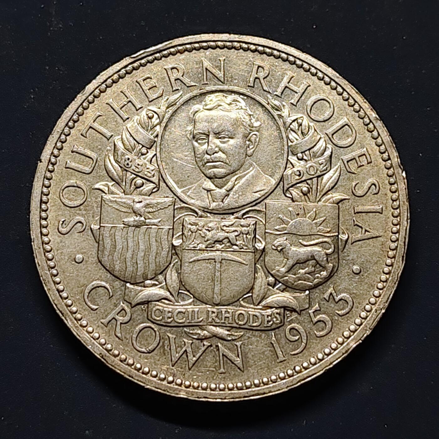 【全场包邮】纯粹捡漏拍511场 英属南罗德西亚1953年1克朗塞西尔·罗兹诞生100周年克朗型纪念银币【38.5毫米28.28克50%】