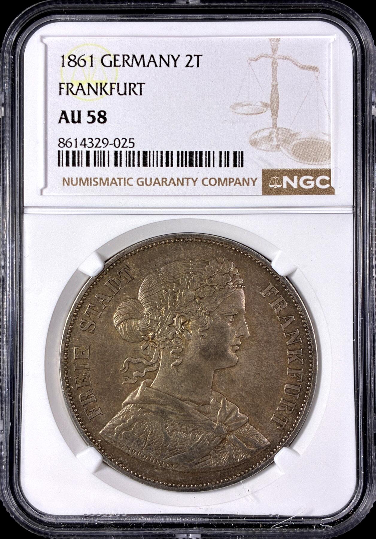【雨安】【直播拍卖】【第0128期-评级币章】2026-03-14 周六 19:30 (金价1145, 银价22.39) [评级德国] Germany 德国 德意志 2泰勒 Frankfurt法兰克福 Thun.145 KM#0365 (1860-1866) 法兰克福少女 1861年  NGC-AU58