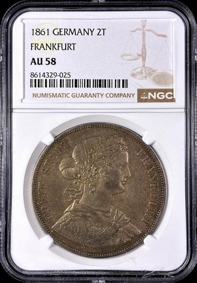 【雨安】【直播拍卖】【第0128期-评级币章】2026-03-14 周六 19:30 (金价1145, 银价22.39) - [评级德国] Germany 德国 德意志 2泰勒 Frankfurt法兰克福 Thun.145 KM#0365 (1860-1866) 法兰克福少女 1861年  NGC-AU58