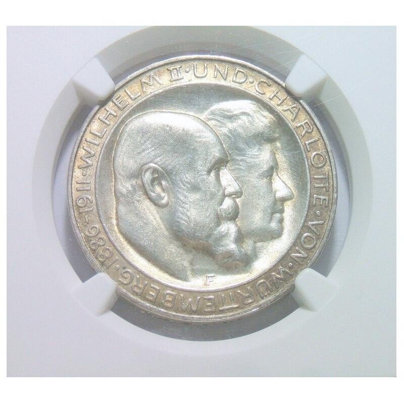 【银】NGC UNC 德国符腾堡1911年 威廉二世银婚3马克银币 金色包浆 开卷原光