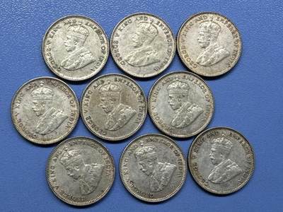 外国银币拍卖 - 9枚1927年海峡国英属马来亚乔治六世银币10分小银币 实物图#9