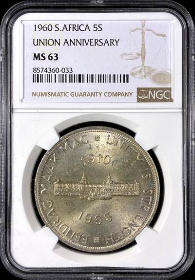 【雨安】【直播拍卖】【第0128期-评级币章】2026-03-14 周六 19:30 (金价1145, 银价22.39) - [评级非洲] South Africa 南非 5先令 1960年 南非联盟50周年  NGC-MS63
