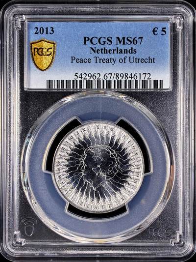 【雨安】【直播拍卖】【第0128期-评级币章】2026-03-14 周六 19:30 (金价1145, 银价22.39) - [评级欧元] Netherlands 欧元 荷兰 5欧元 2013年 乌特勒支和平条约  PCGS-MS67