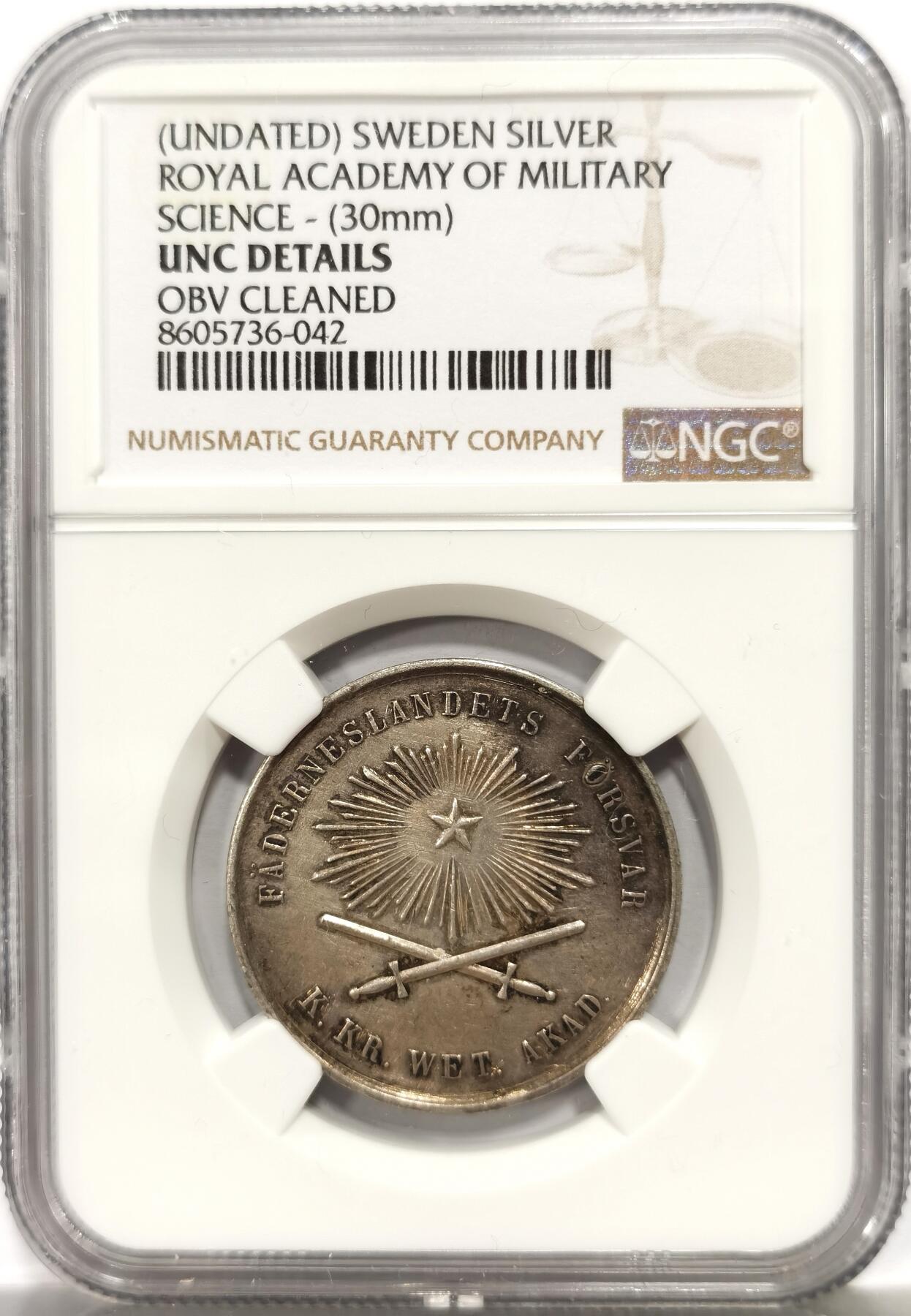 博洋堂世界钱币拍卖第164期（全场包邮） NGC UNC 瑞典皇家军事科学学院纪念银章，30mm