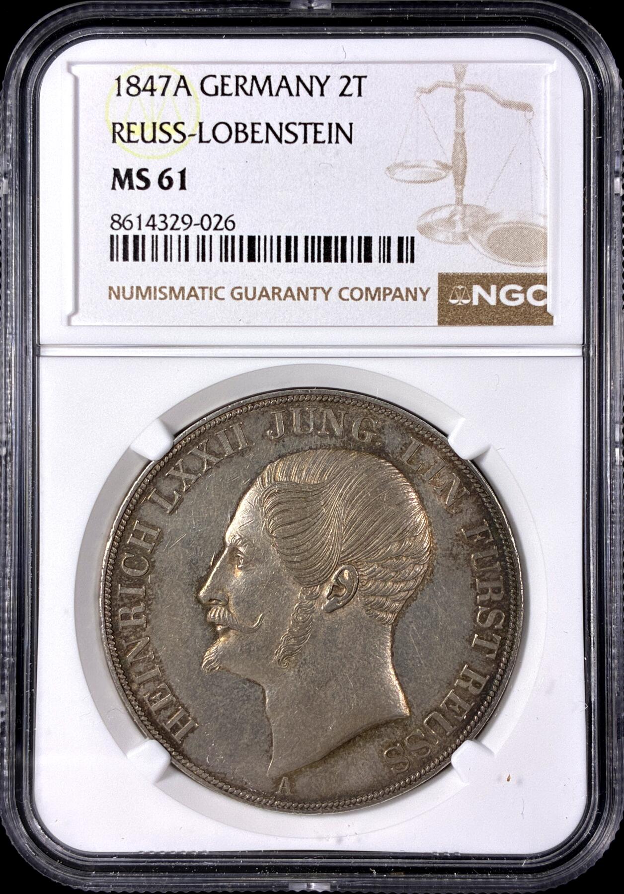 【雨安】【直播拍卖】【第0128期-评级币章】2026-03-14 周六 19:30 (金价1145, 银价22.39) [评级德国] Germany 德国 德意志 2泰勒 Reuss-L-Ebersdorf罗伊斯 Thun.283 KM#0005 (1840-1847) 亨利七十二世 1847年  NGC-MS61 小邦2泰勒, 罕见